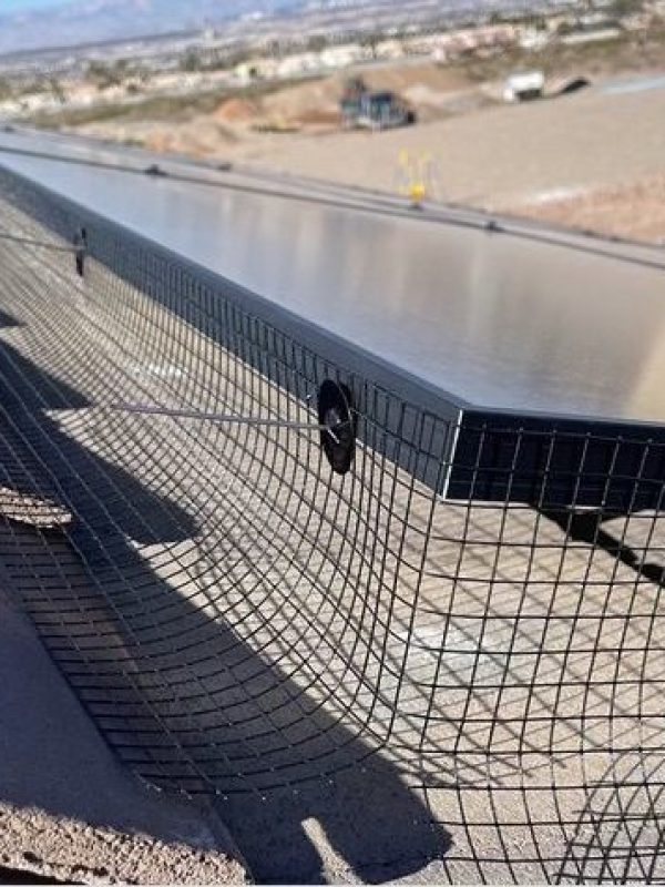 Rooftop solar panels with protective mesh installed.